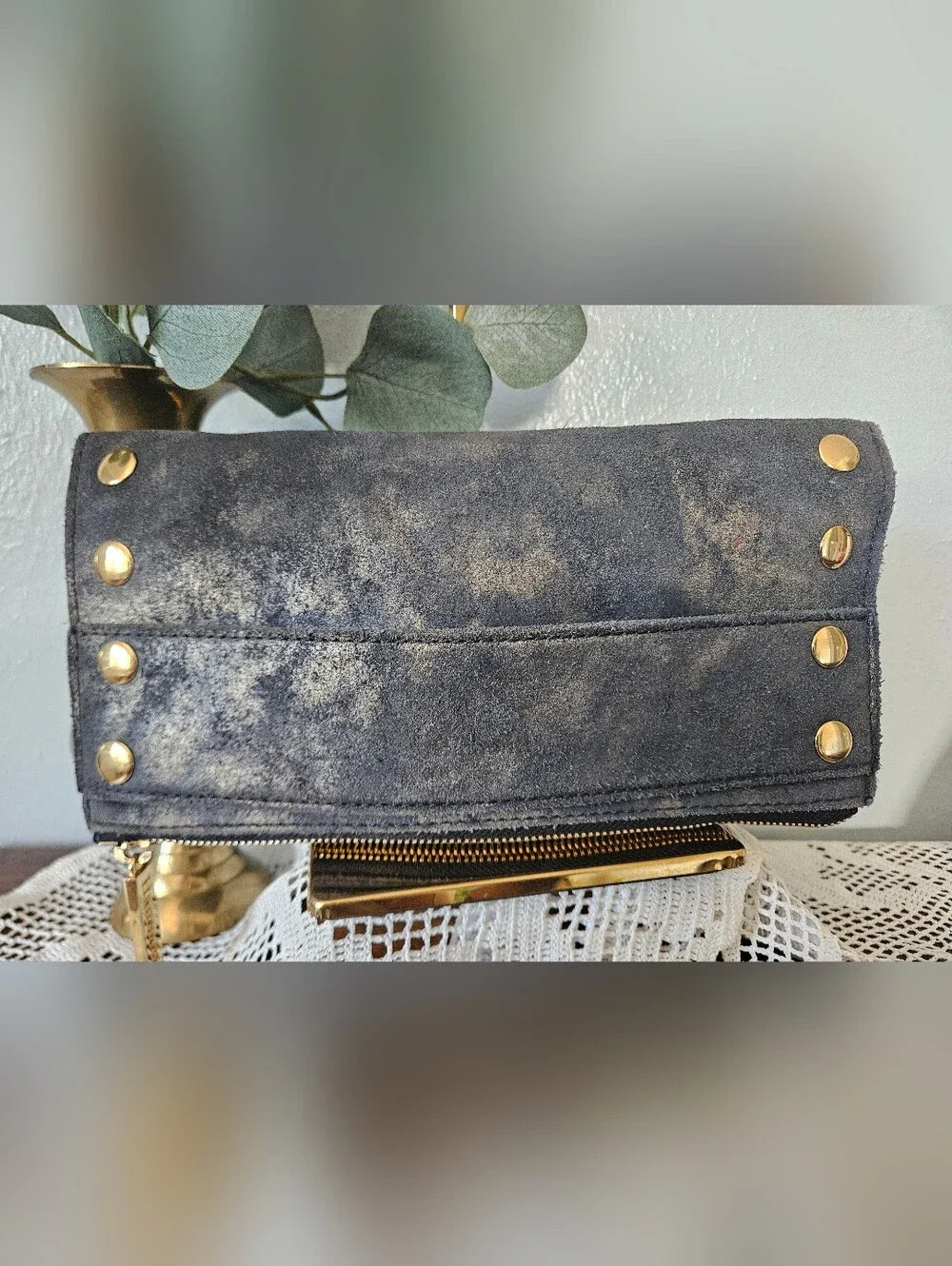 HAMMITT Convertible Grey Distressed Suede Leather Gold Studded Wallet Clutch.
